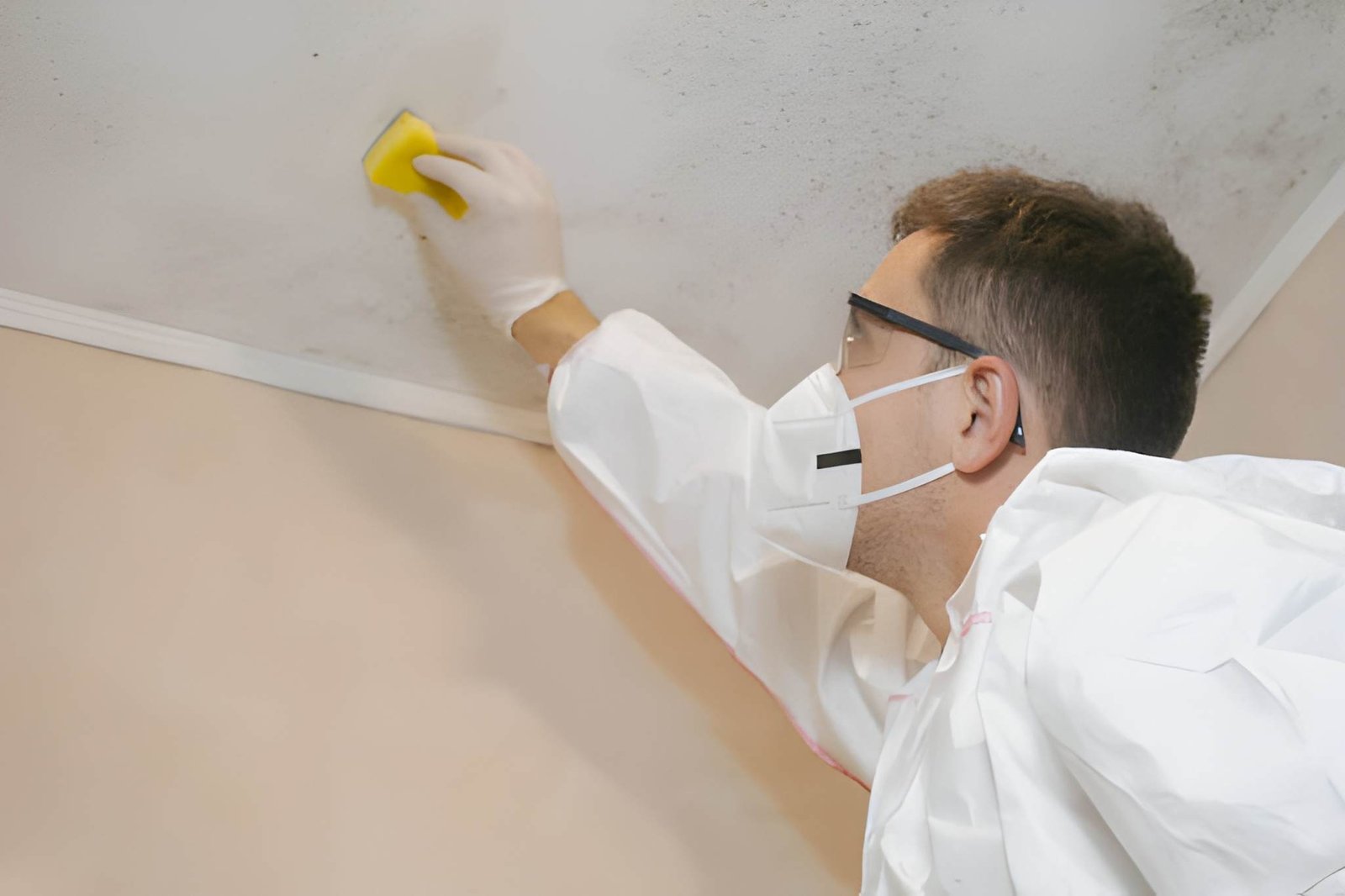 A cleaning service worker removes mold