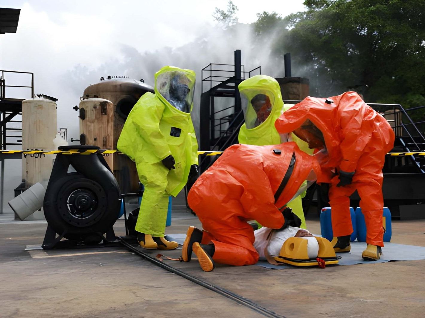 A group of people in hazmat suits are attending