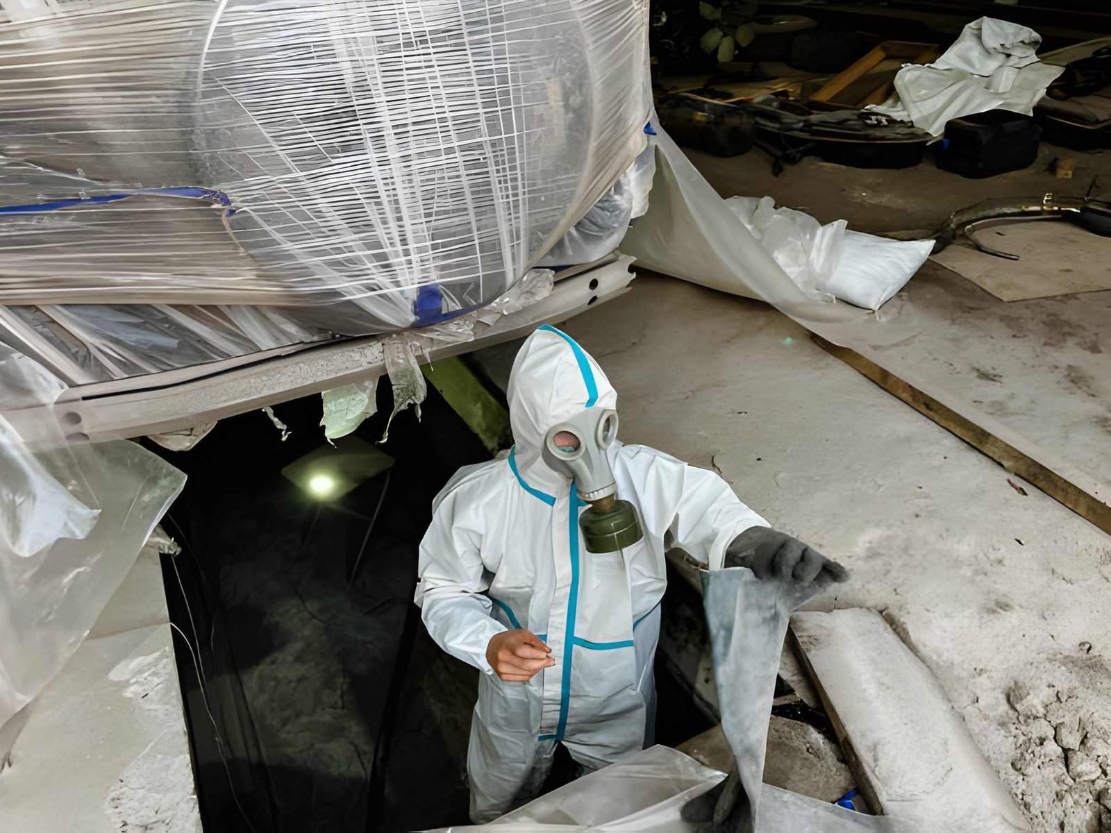A person in a hazmat suit is removing asbestos insulation