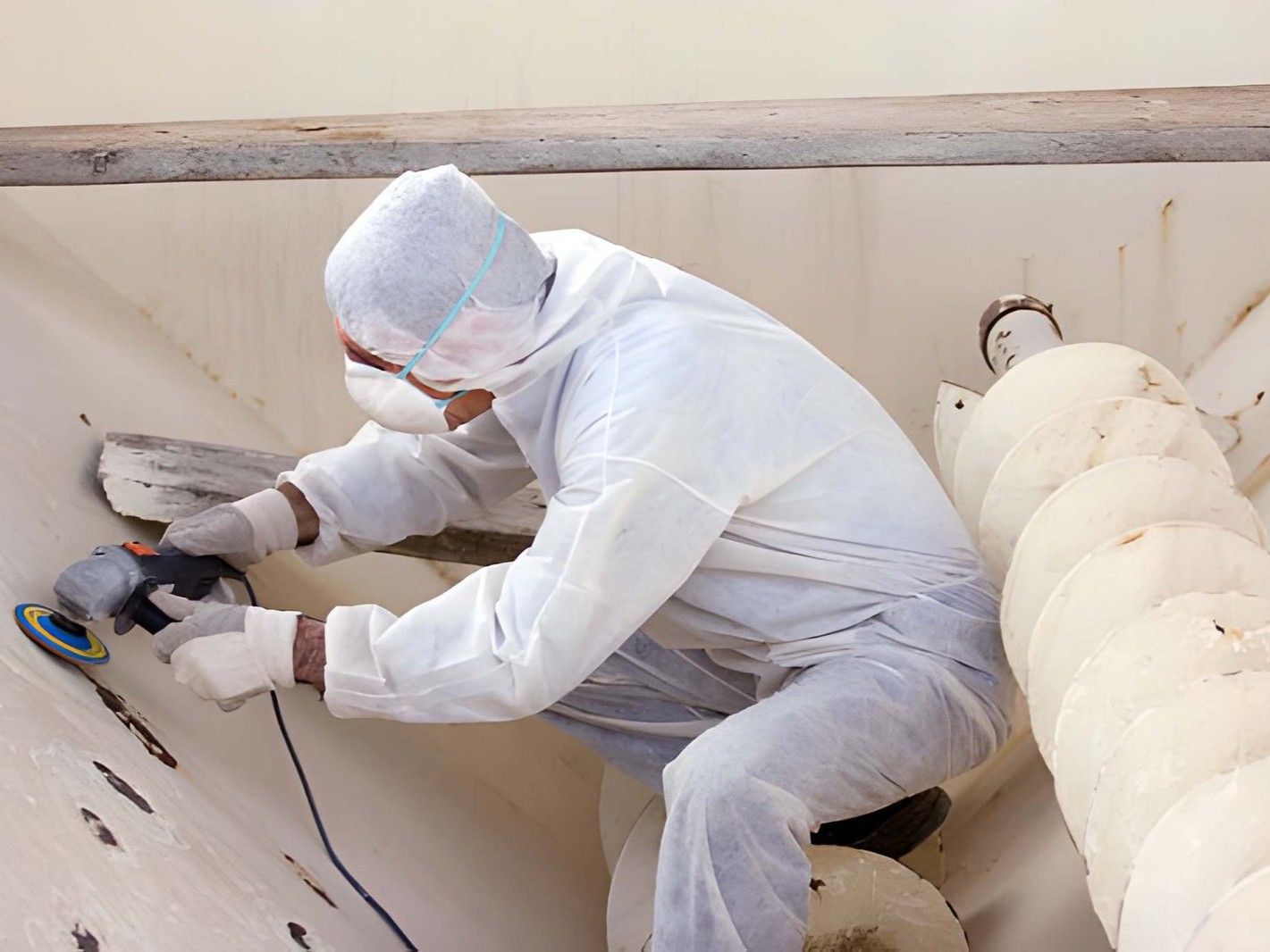 A person in protective gear is sanding a wall