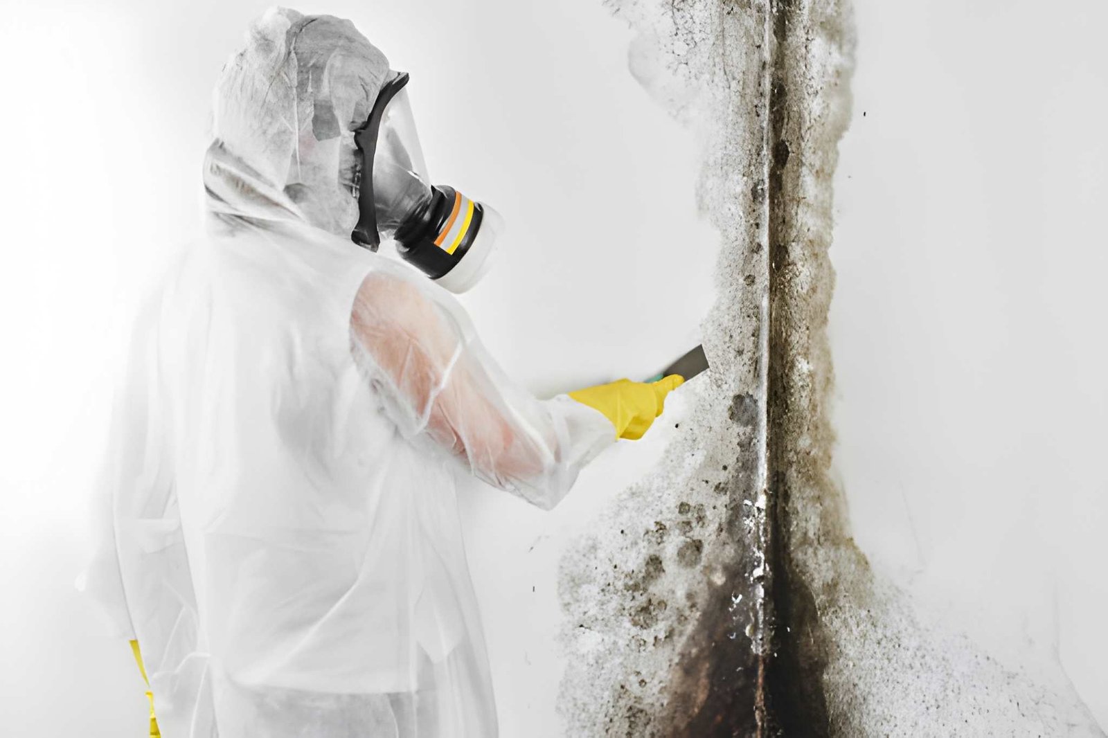 A professional disinfector in overalls processes the walls