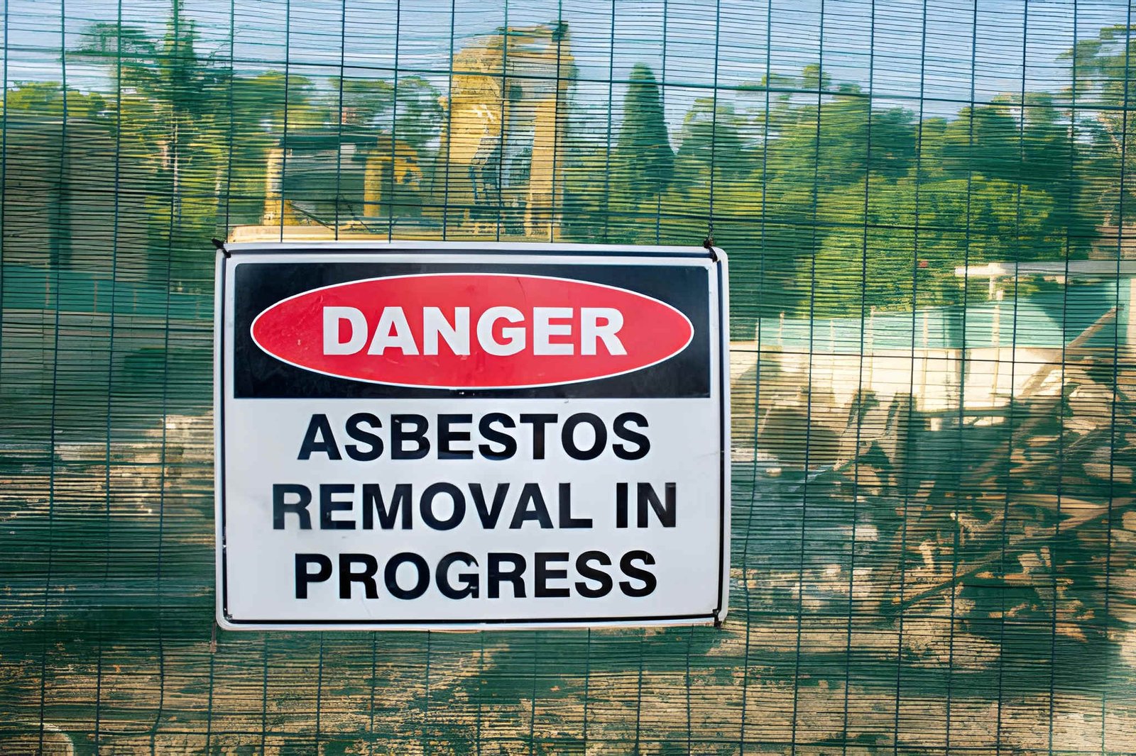 A warning sign danger asbestos on a fence