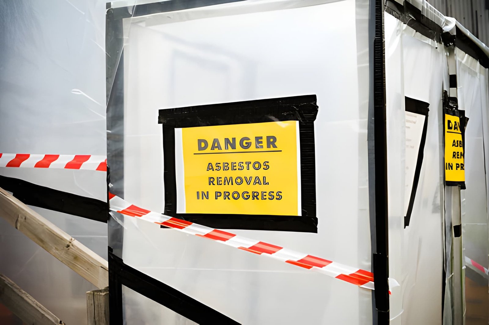 Asbestos removal a plastic covered entrance to building