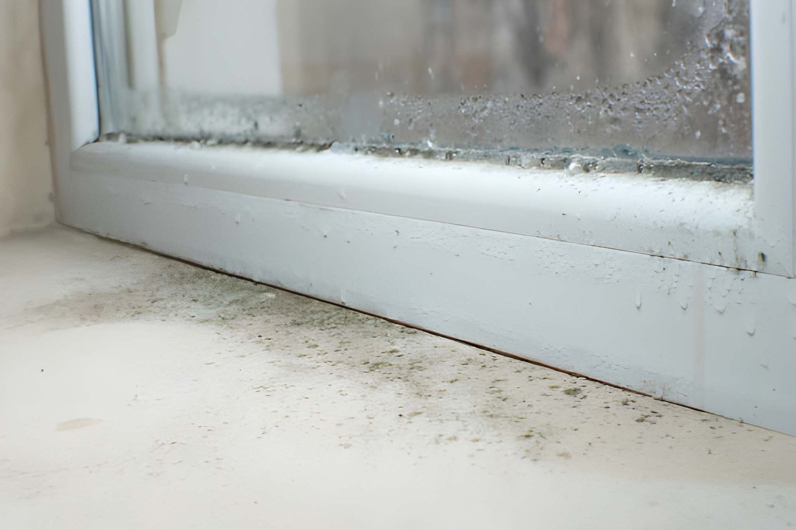 Black mold fungus growing on windowsill dampness problem