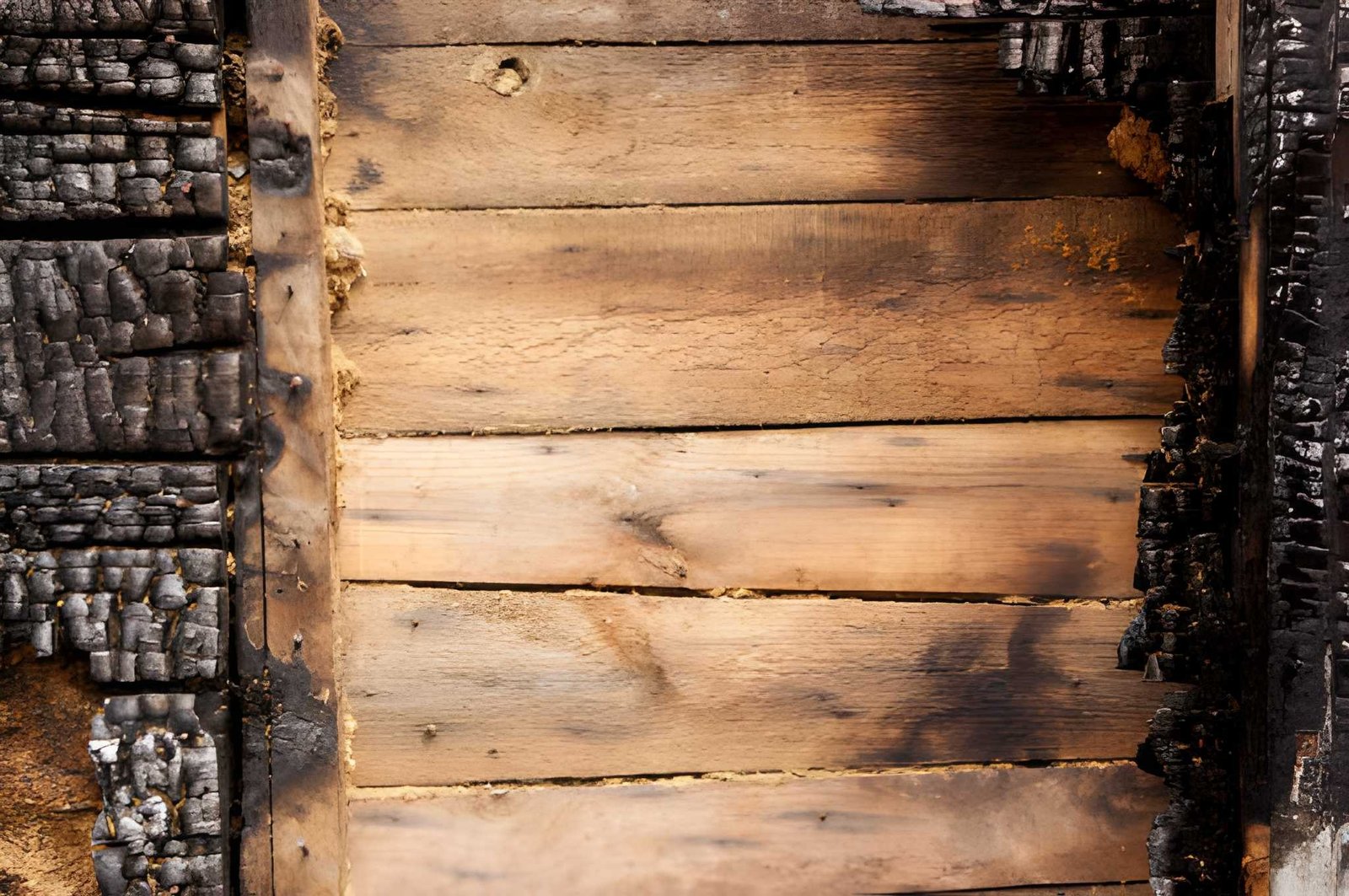 Brown burnt wall of house of wooden planks