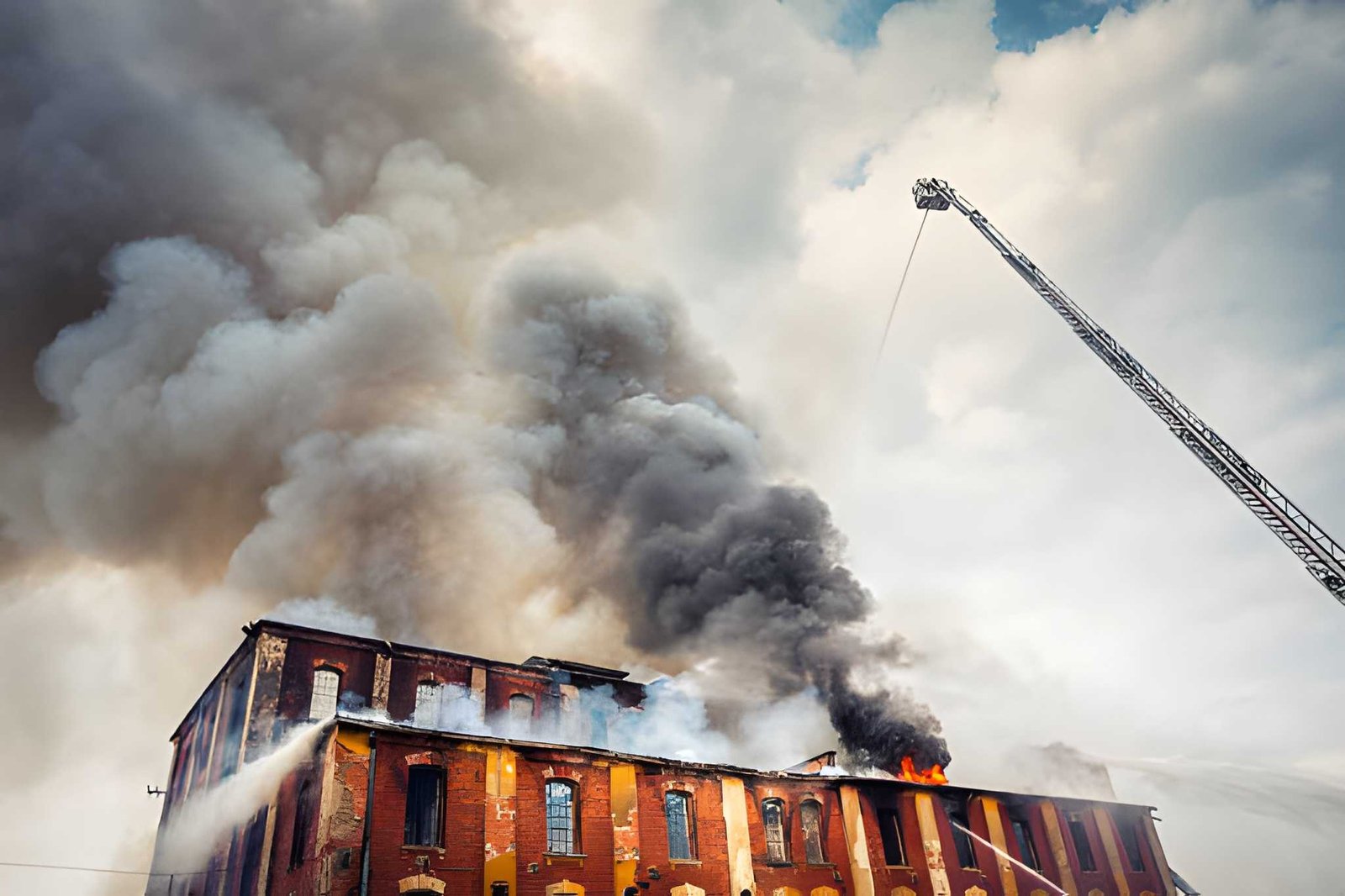 Firefighting firemen on the crane trying to extinguish