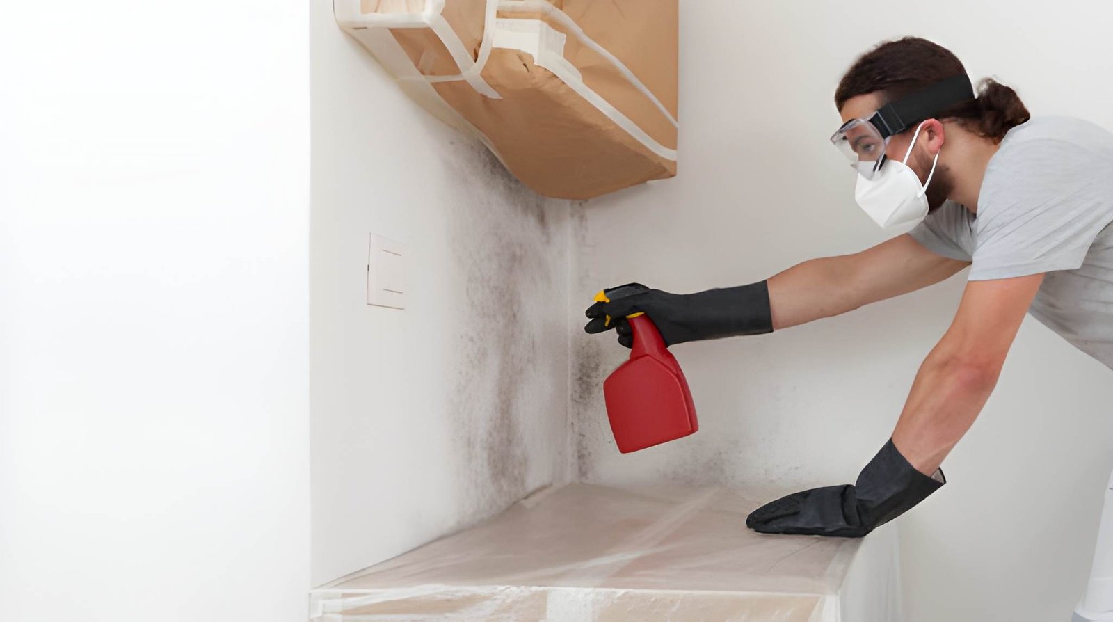 Man worker spraying product on wall to remove