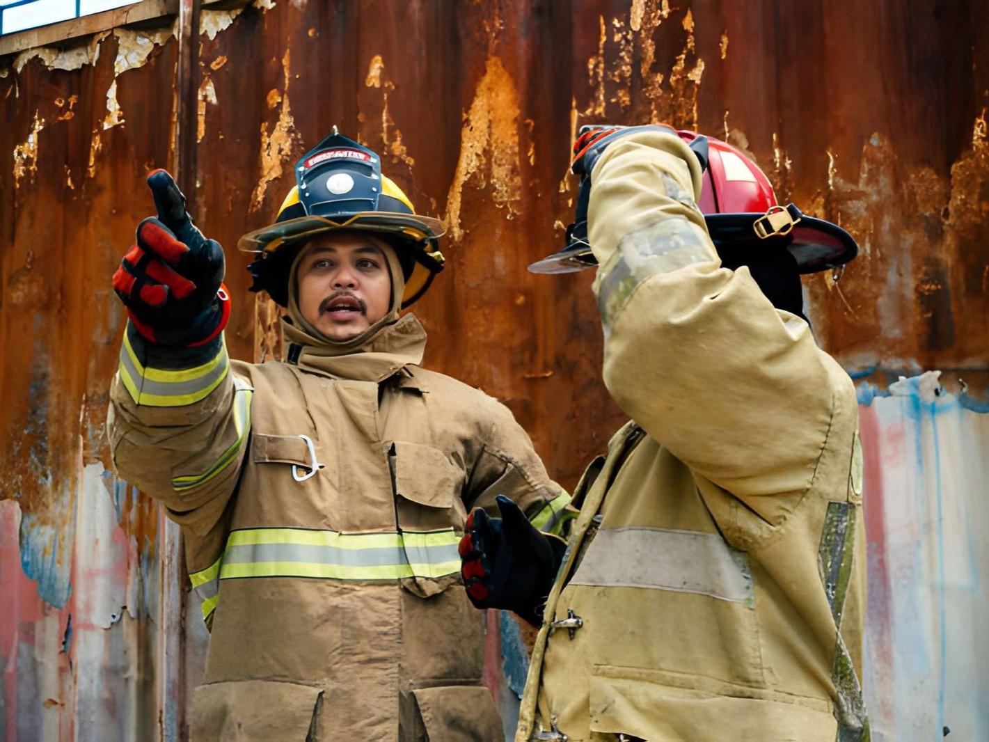 two firefighters standing in front of a rusted metal wall